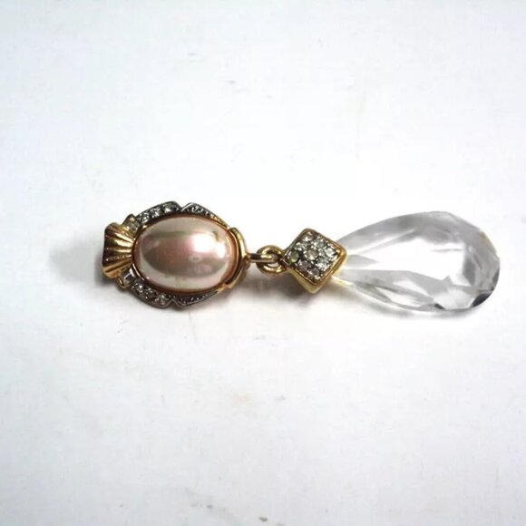 Gem Craft Brooch Pin Faux Pearl, Crystal, Rhinestone Vintage Light Defects 2.75" - Picture 1 of 5